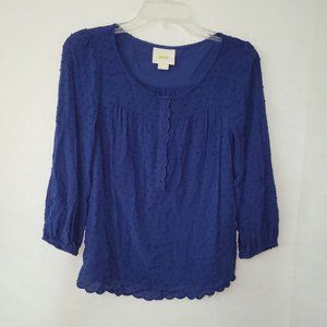 Anthropologie Shirt Womens 6 3/4 Sleeve Popover Scallop Hem Blue OB473482